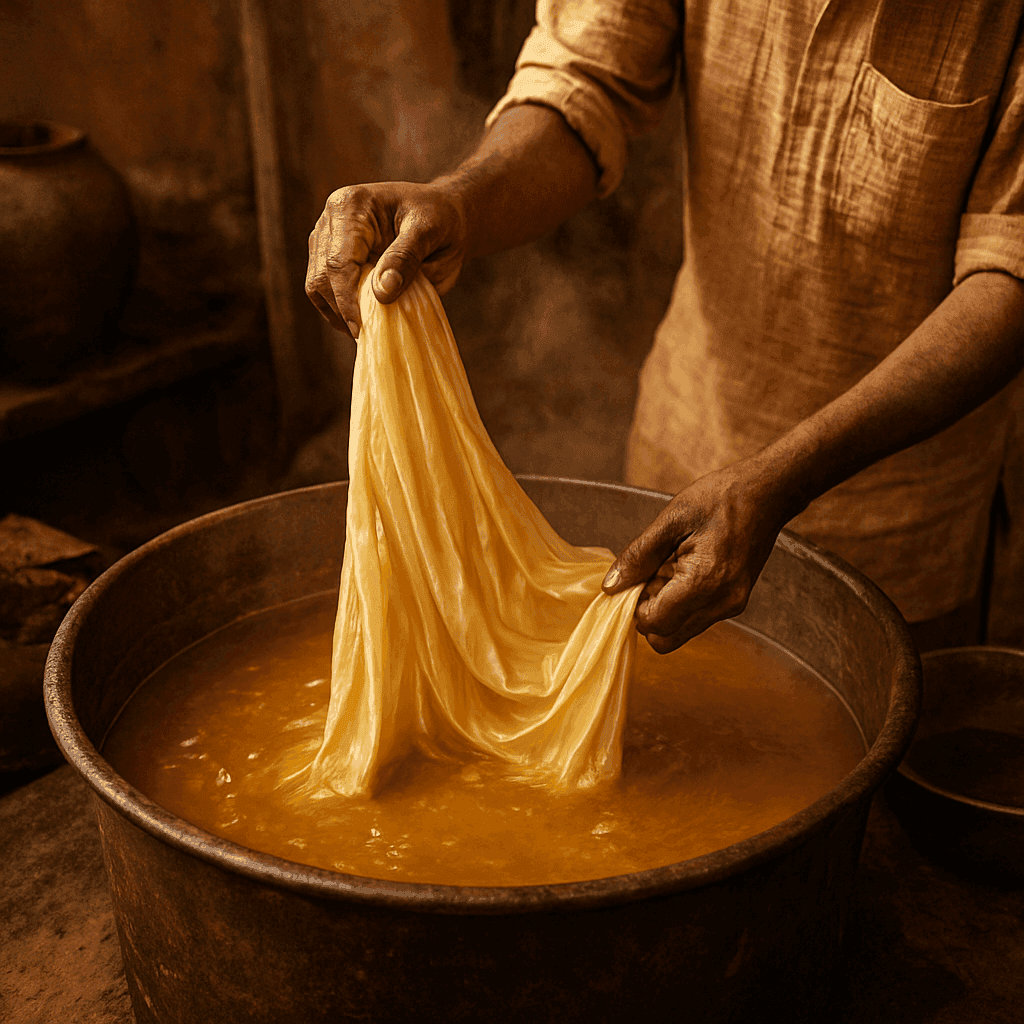 Artisan natural dyeing process with botanical golden dye and organic fabrics